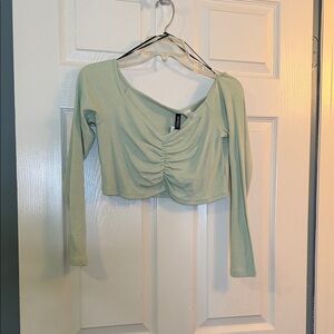 H&M Sage Green Ruched Long-Sleeve Crop Top